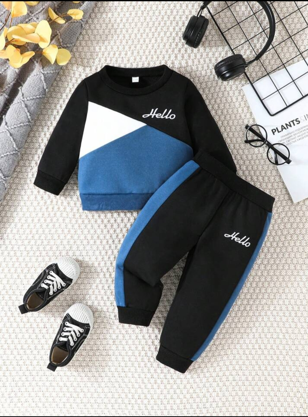 Boys Winter/Spring Casual Long Sleeve Printed Patchwork Round Neck Top And Pants Set Bashee's